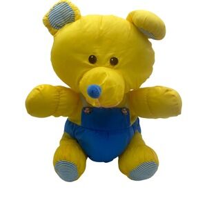 Vintage Puffalump Yellow Nylon Bear 14" Plush Blue‎ Overalls Striped Ears Nose